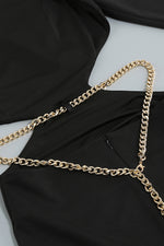 Black O Neck Hollow Chain Backless Long Sleeves Midi Dress