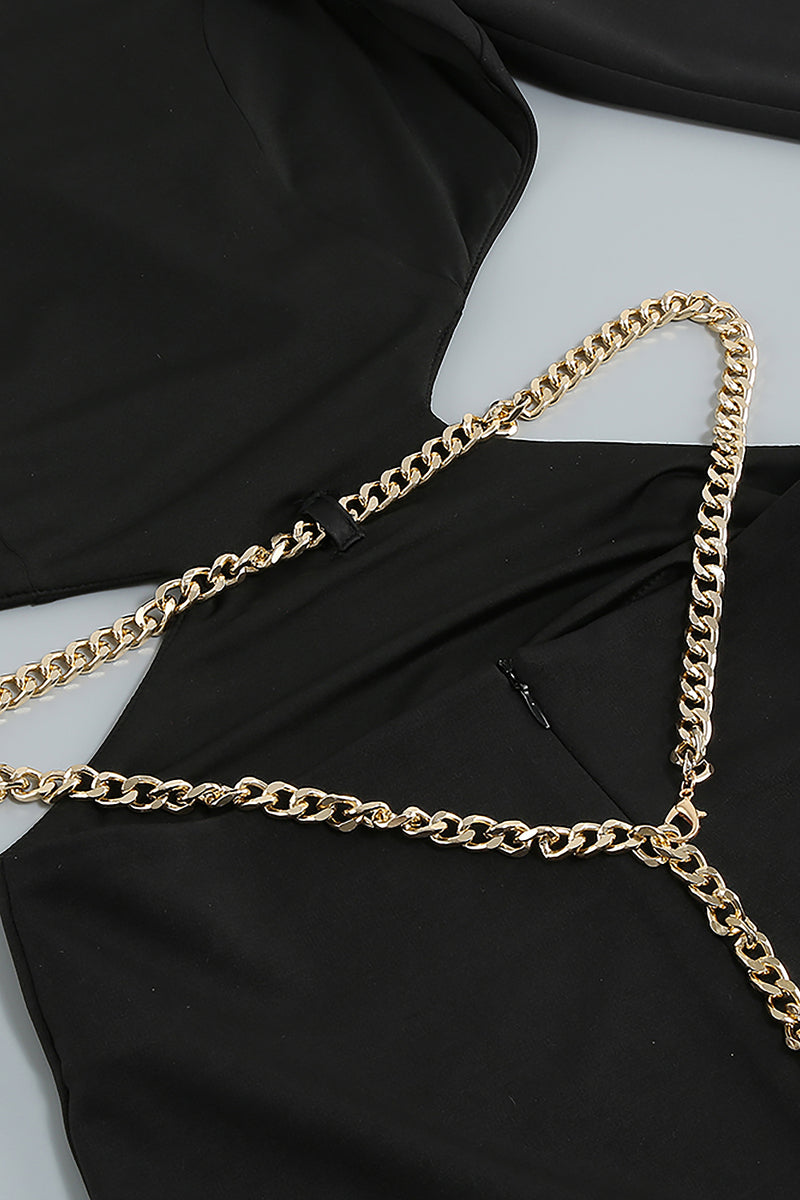 Black O Neck Hollow Chain Backless Long Sleeves Midi Dress