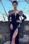 Black Off Shoulder Crystal High Split Maxi Bandage Dress