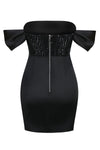 Black Off Shoulder Draped Split Sequins Mini Dress