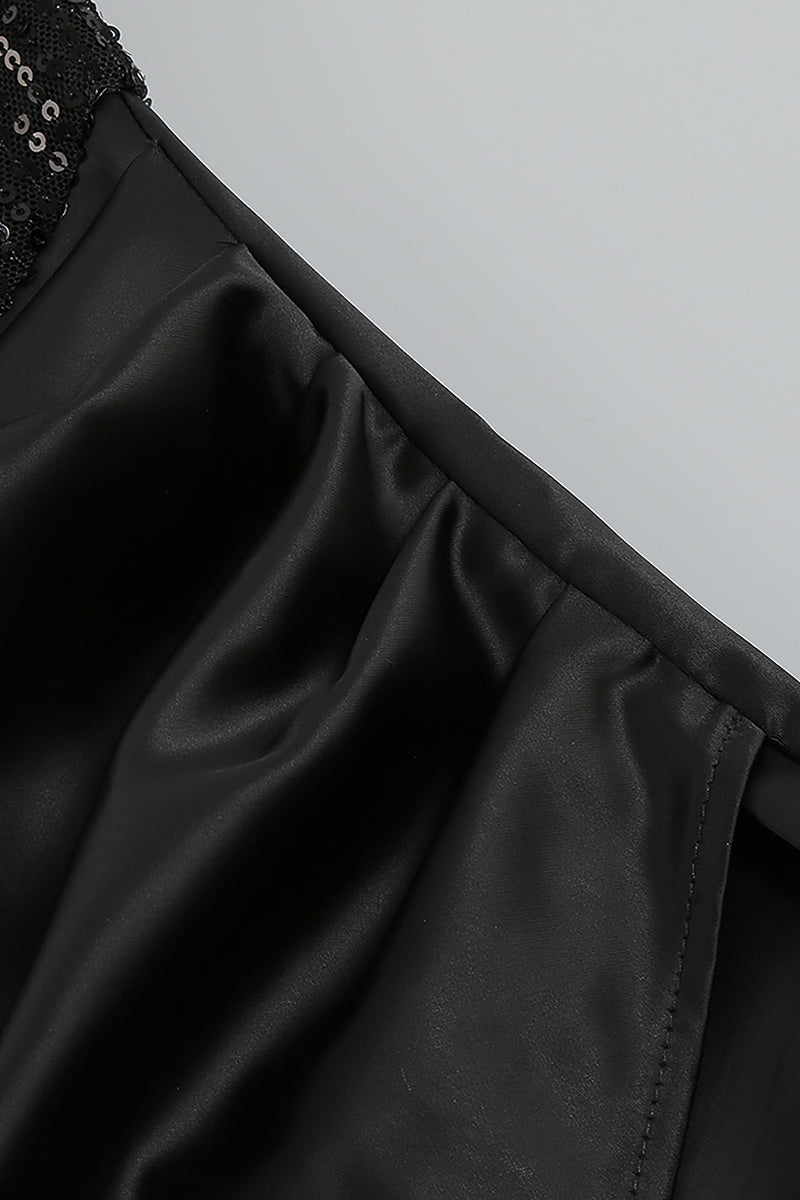 Black Off Shoulder Draped Split Sequins Mini Dress