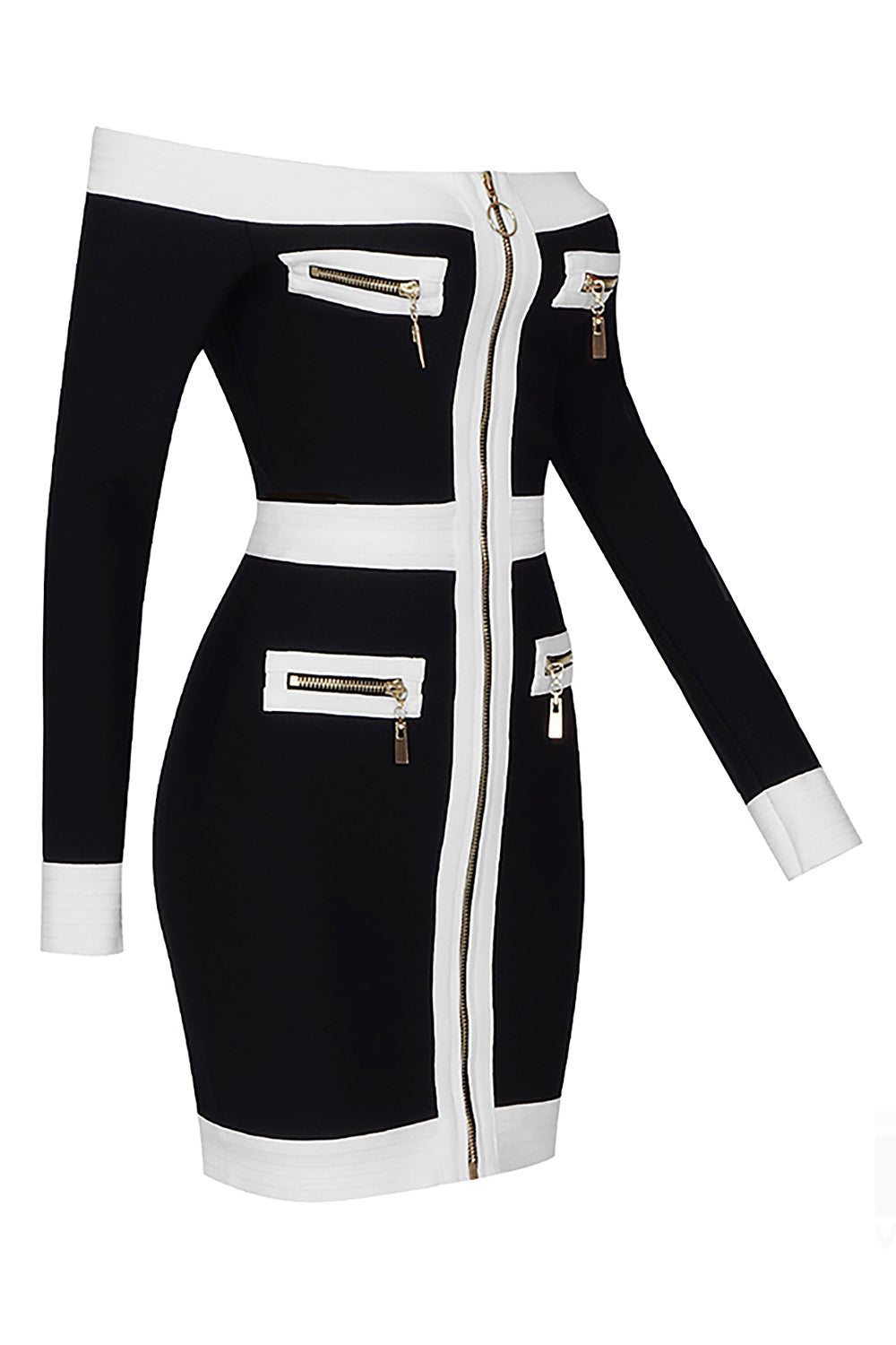 Black Off Shoulder Long Sleeve Zipper Bandage Dress - Chicida