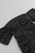 Black Off Shoulder Slim Sequin Ruched Draped Mini Dress