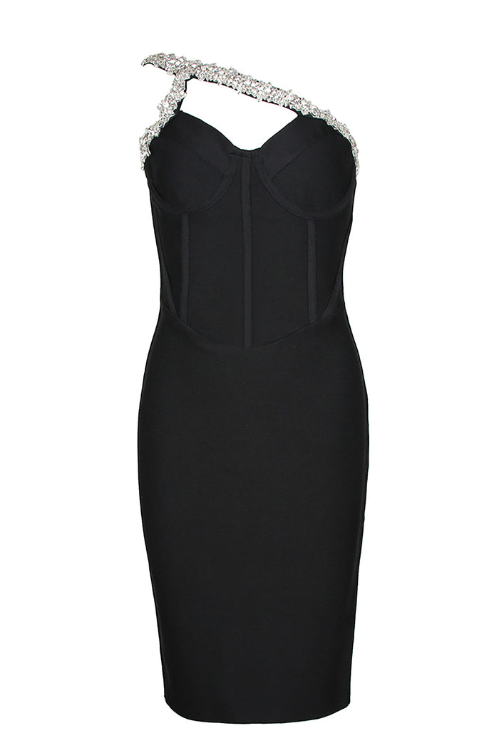 Black One-Shoulder Crystal Studded Bandage Dress - Chicida