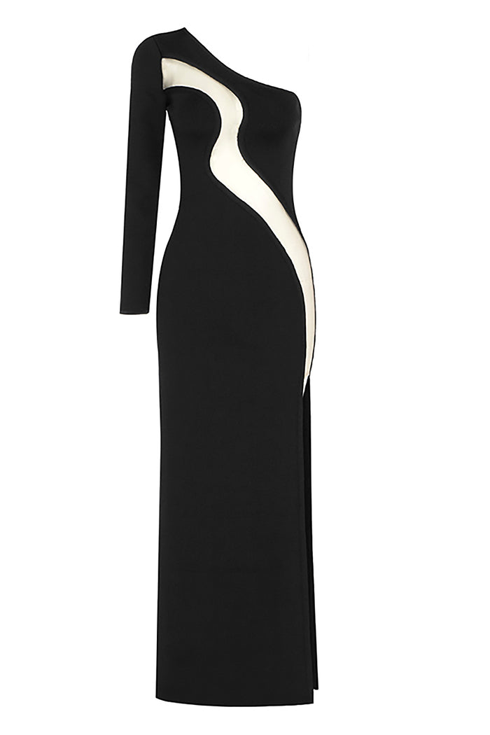 Black One-Shoulder Deep Neckline Hollow Maxi Bandage Dress - Chicida