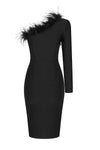Black One-Shoulder Long Sleeve Feather Slits Mesh Bandage Dress - Chicida