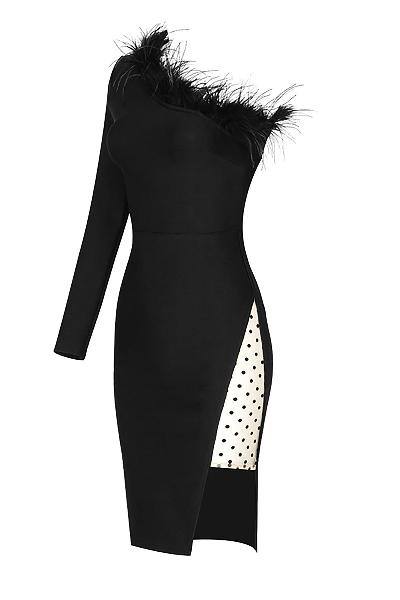 Black One-Shoulder Long Sleeve Feather Slits Mesh Bandage Dress - Chicida