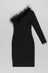 Black One-Shoulder Long Sleeve Feather Slits Mesh Bandage Dress
