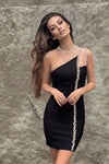 Black One Shoulder Diamond Strappy Bandage Dress - Chicida