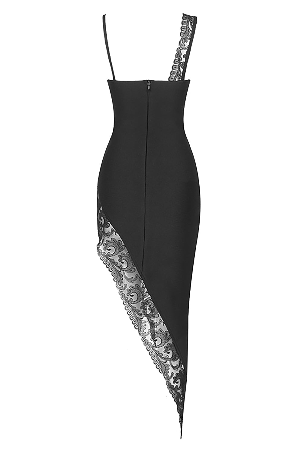 Black One Shoulder Strappy Lace Hollow Asymmetric Bandage Dress - Chicida