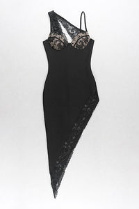 Black One Shoulder Strappy Lace Hollow Asymmetric Bandage Dress - Chicida