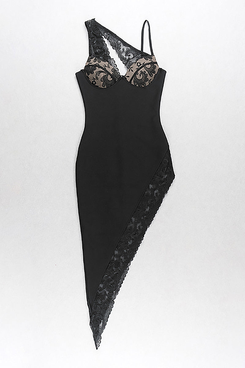 Black One Shoulder Strappy Lace Hollow Asymmetric Bandage Dress
