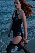 Black One Shoulder Strappy Lace Hollow Asymmetric Bandage Dress
