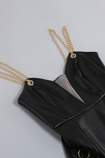 Black PU Metal Chain Strappy Slits Maxi Dress