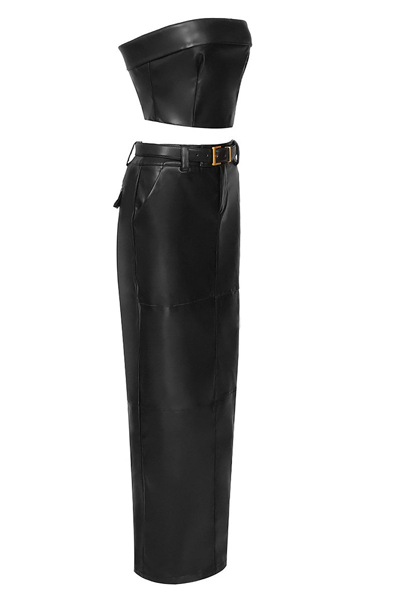 Black PU Strapless Top And High Waisted Leather Skirt