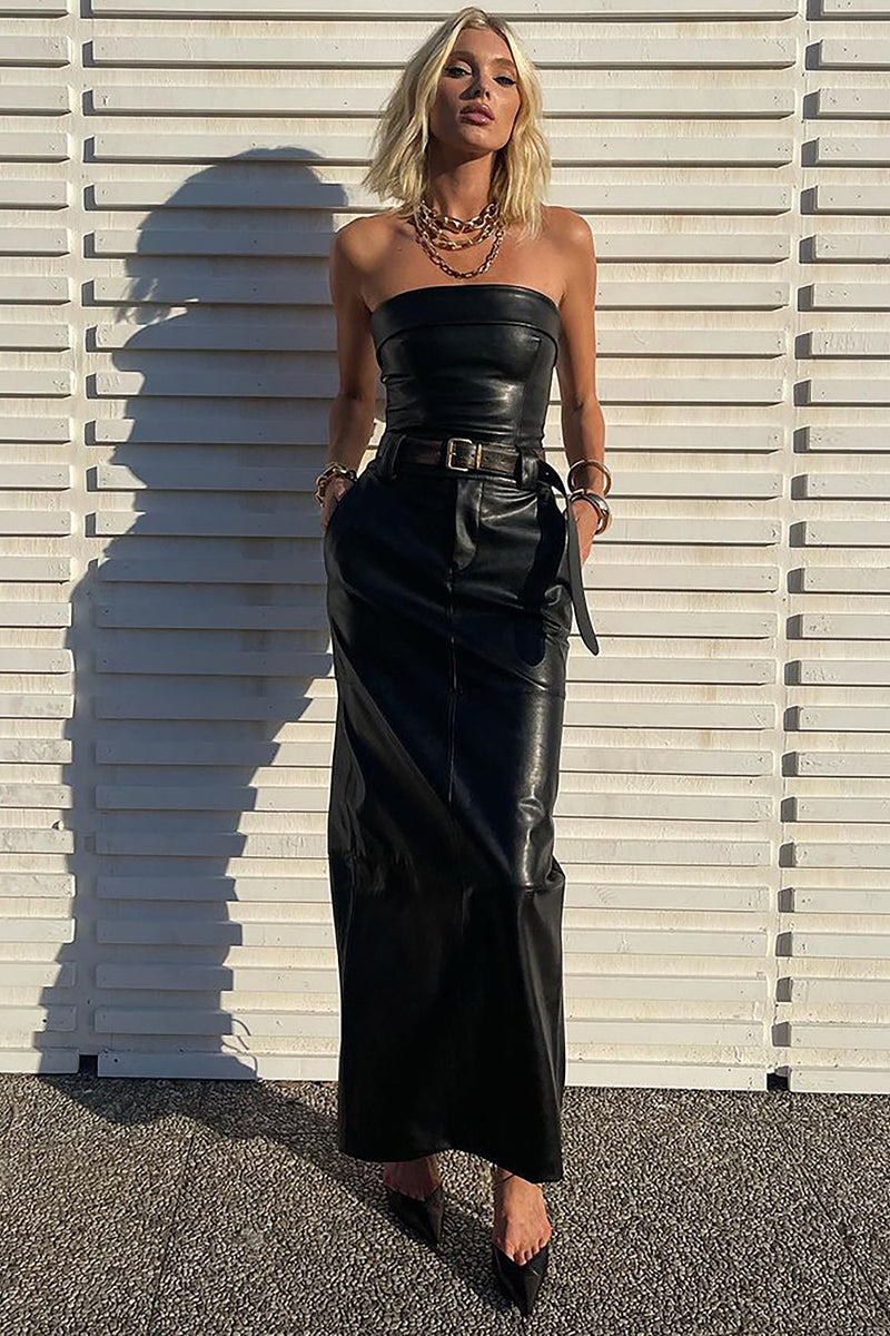 Black PU Strapless Top And High Waisted Leather Skirt