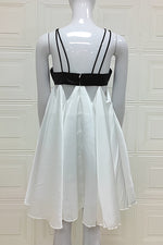 Black PU Strappy V-neck White Fluffy Dress - Chicida