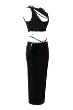 Black PU Two Piece Set Lace Up Top & Pencil Long Skirt