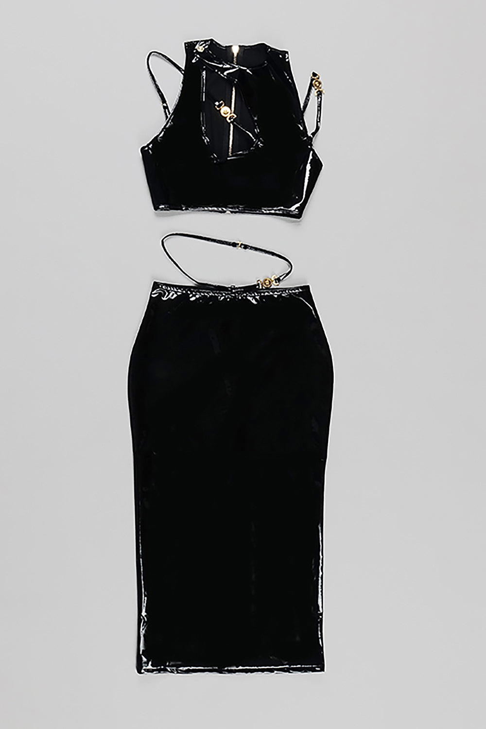 Conjunto de dos piezas de PU negro con top con cordones y falda larga de tubo