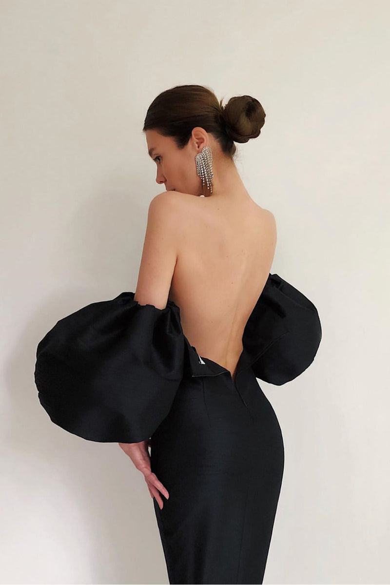 Off Shoulder Backless Puff Sleeves Midi Dress In Lavendere Pink Black White - Chicida