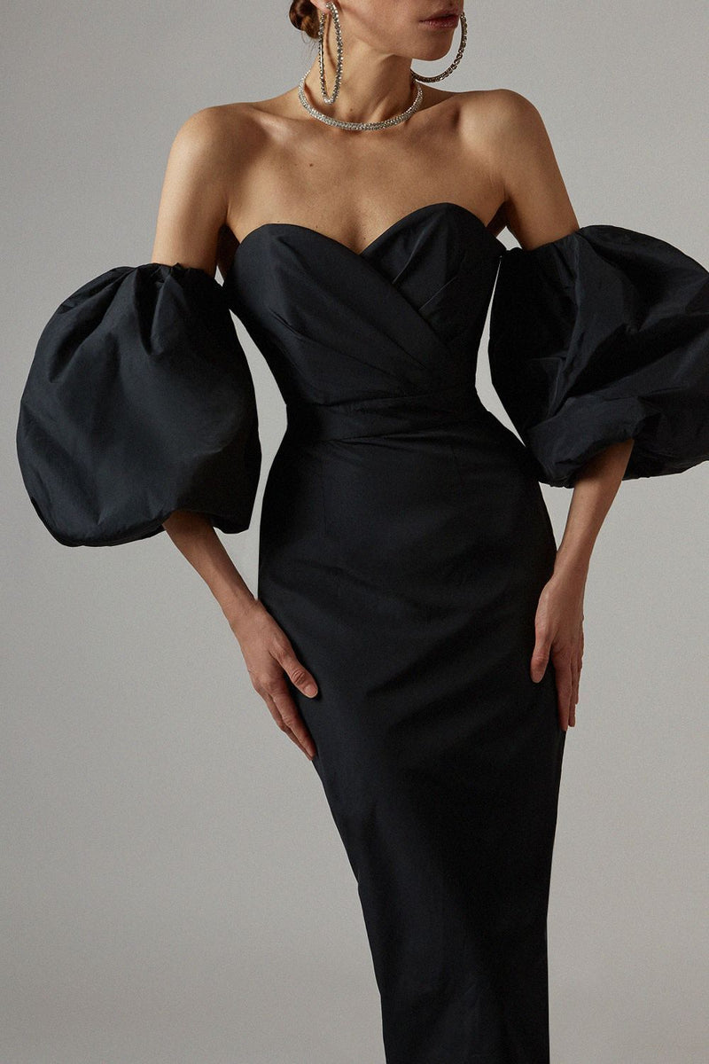 Feel the Love Black Off-the-Shoulder Puff Sleeve Midi Dress