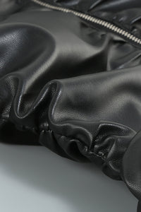 Black Ruched Shawl Leather Coat Dress - Chicida