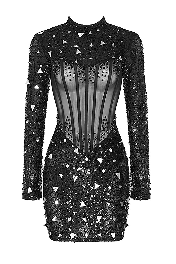 Black Sequins Beaded Mesh Long-Sleeved Dress - Chicida