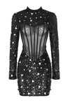Black Sequins Beaded Mesh Long-Sleeved Dress