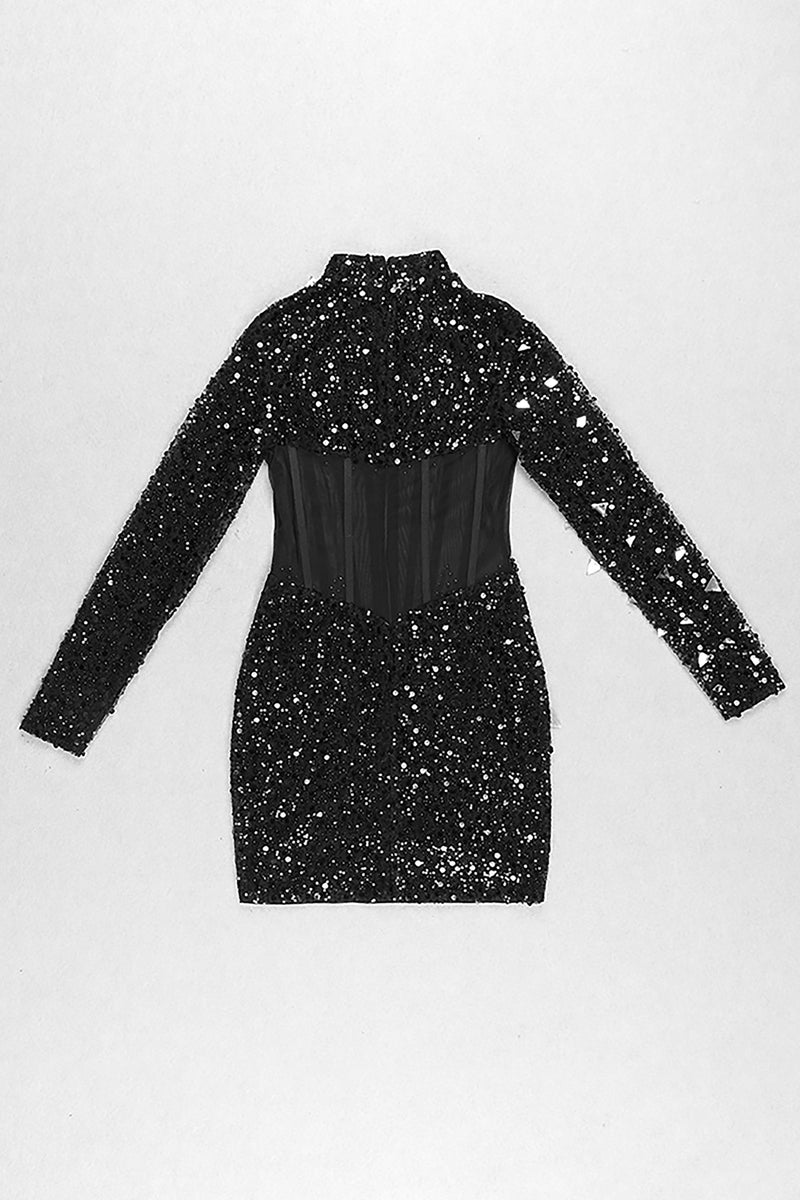 Black Sequins Beaded Mesh Long-Sleeved Dress - Chicida
