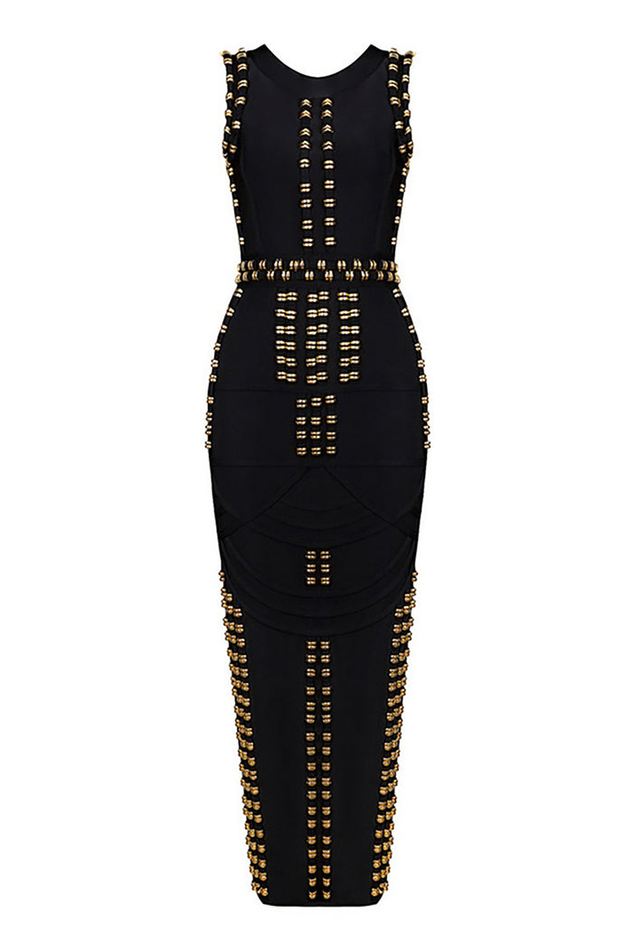 Luxurious Gold Studded Long Bandage Maxi Dress In White Black - CHICIDA