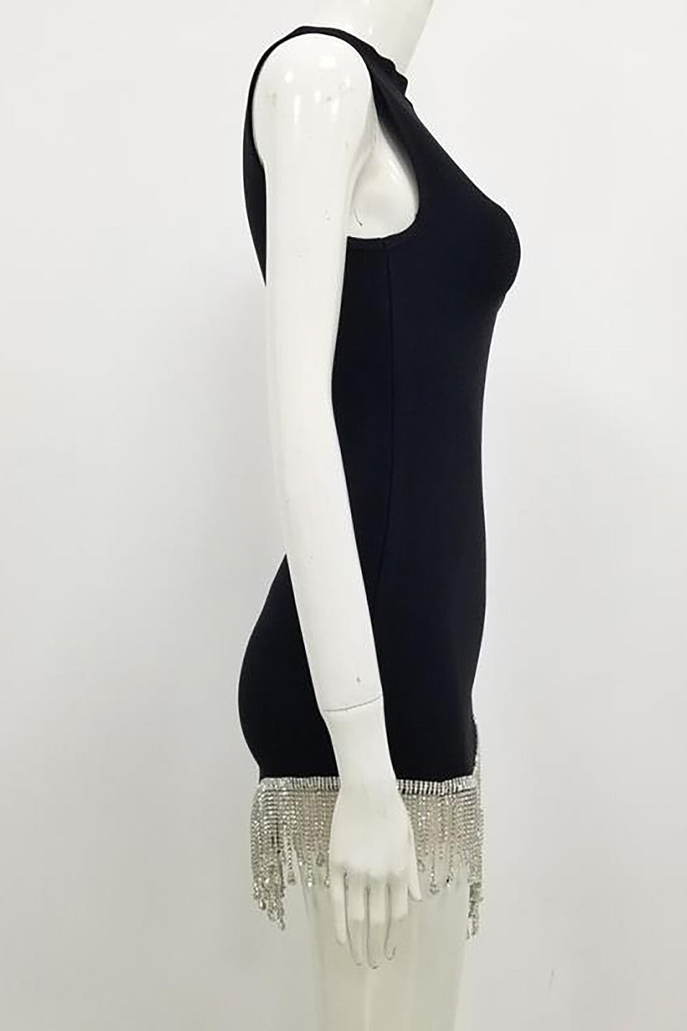 Black O-Neck Diamond Tassel Mini Bandage Dress - Chicida