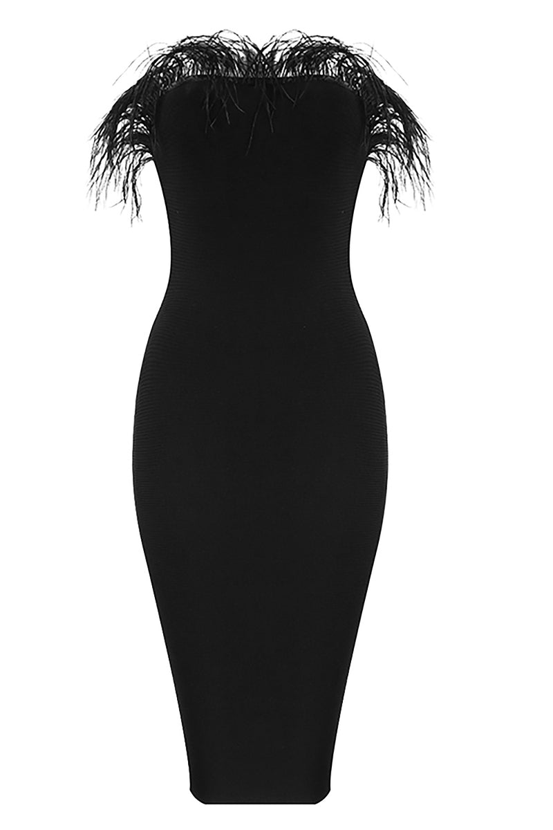 Black Strapless Feather Bandage Dress - Chicida