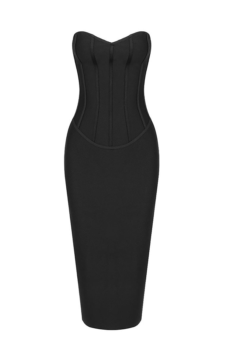 Black Strapless Midi Bandage Dress