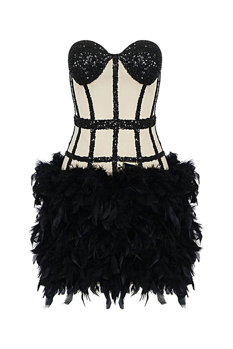 Black Strapless Sequin Mesh Feather Mini Dress