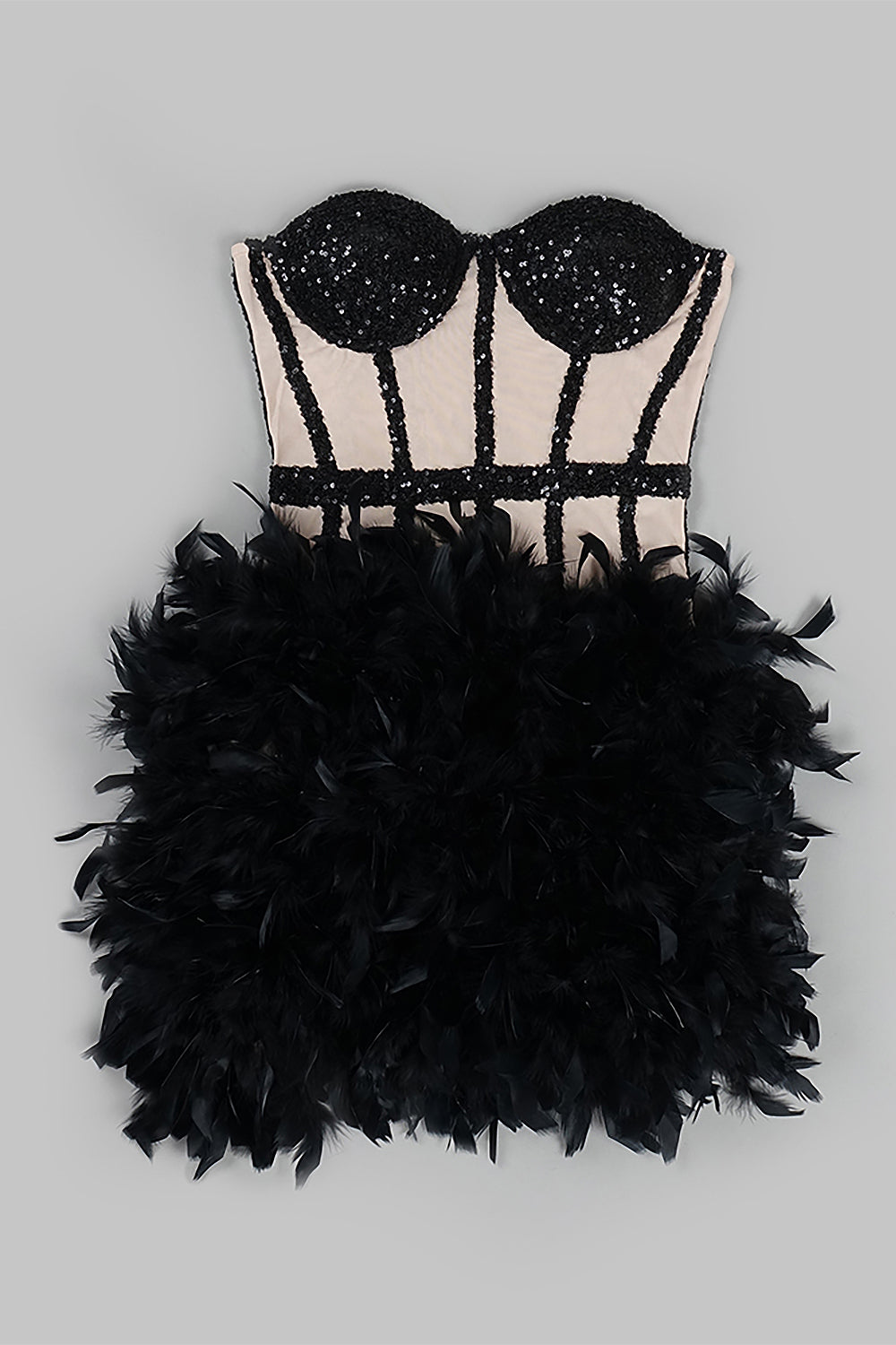 Mini-robe noire sans bretelles en maille et plumes
