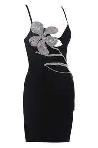 Mini robe bandage noire à bretelles et fleurs en cristal