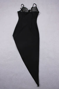 Mini-robe bandage noire à bretelles et cristaux fendus