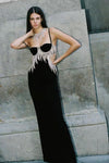 Black Strappy Crystal Tassel High Split Long Dress