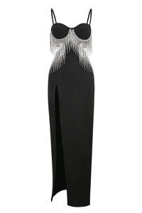 Black Strappy Crystal Tassel High Split Long Dress - Chicida