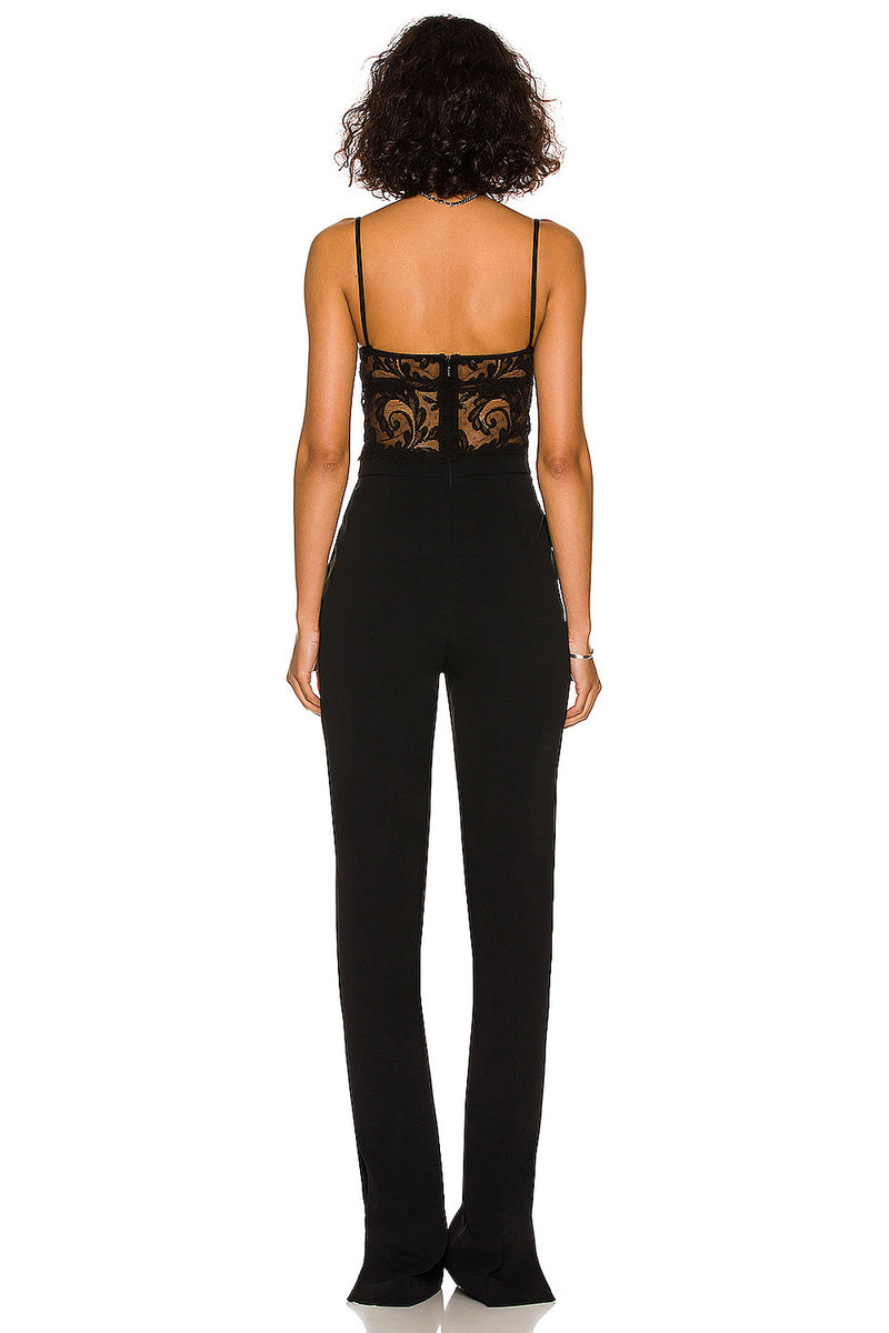Black Strappy Hollow Lace Bandage Flared Jumpsuit