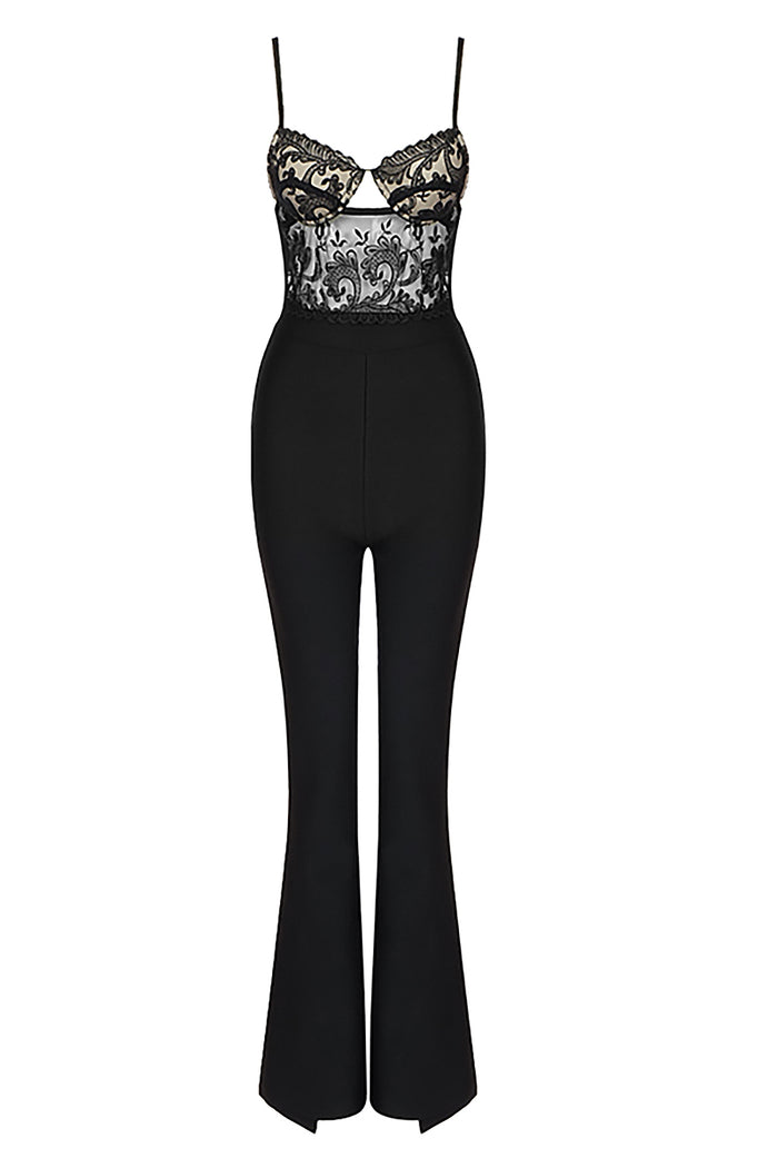 Strappy Hollow Lace Bandage Flared Jumpsuit