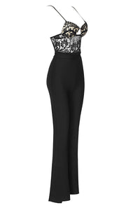 Black Strappy Hollow Lace Bandage Flared Jumpsuit