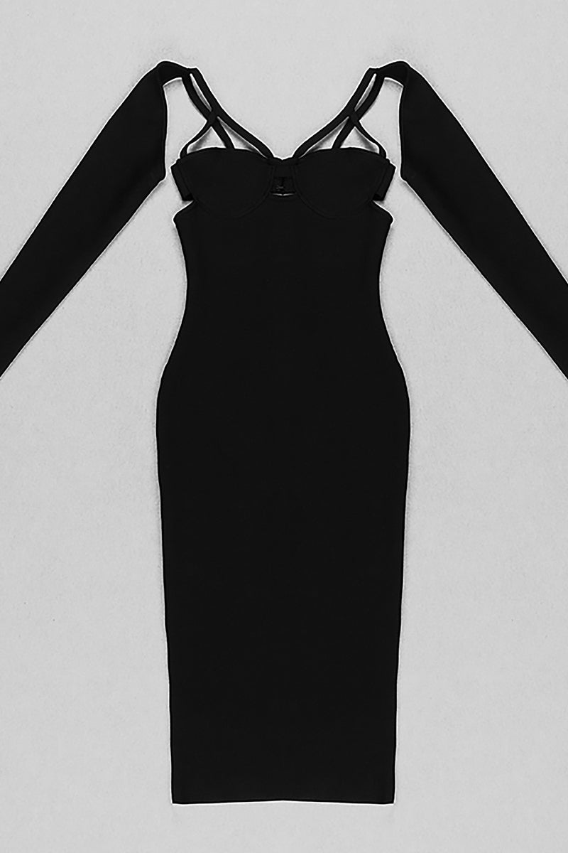 Strappy Long Sleeve Midi Dress In Black White