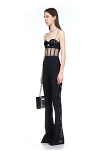 Strappy Sequin Hollow Bandage Flare Jumpsuit In Black Blue - Chicida