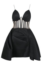 Strappy V-Neck Mesh A-Line Mini Dress In Black White