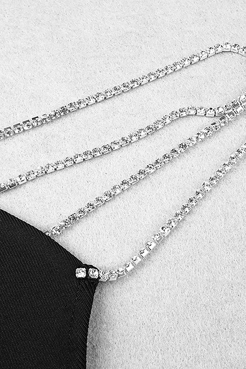 Black Strappy V Neck Mesh Patchwork Diamonds Mini Bandage Dress
