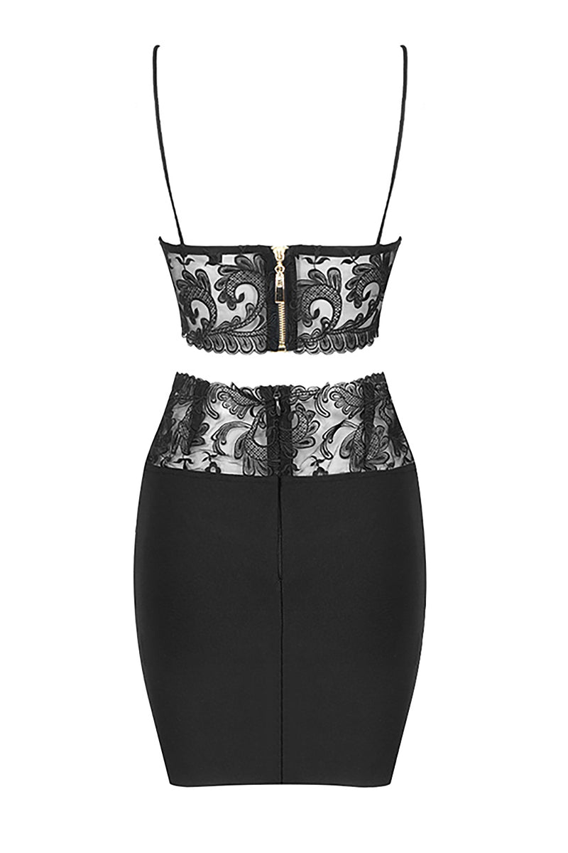 Black Two-Piece Lace Strappy  Bustiers Bandage Skirt
