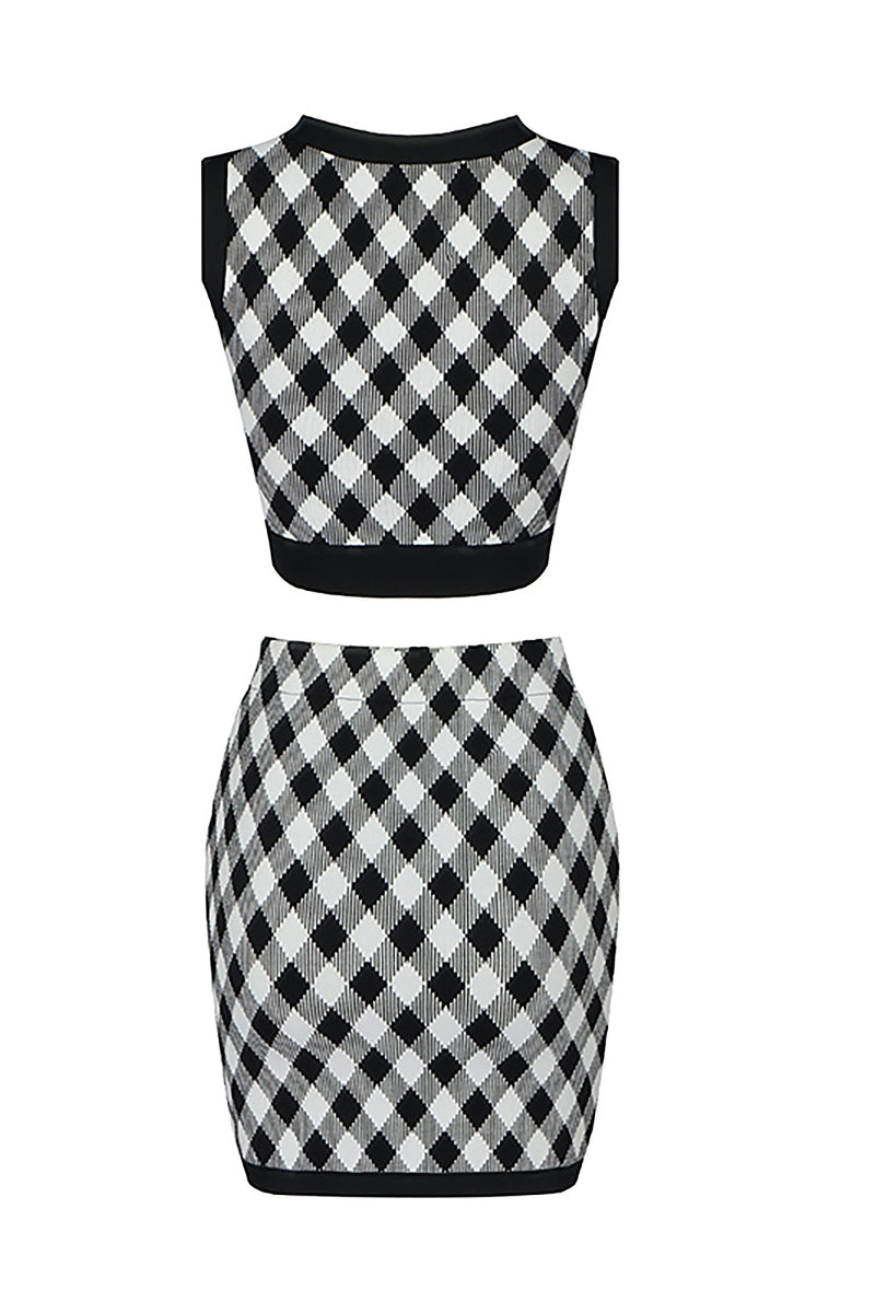 Black Two-piece Retro Jacquard Plaid Skirt Set - Chicida