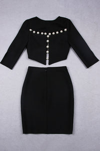 Black Two-piece Set O-neck Beaded Hollow Short Top And High Waist Skirt - Chicida