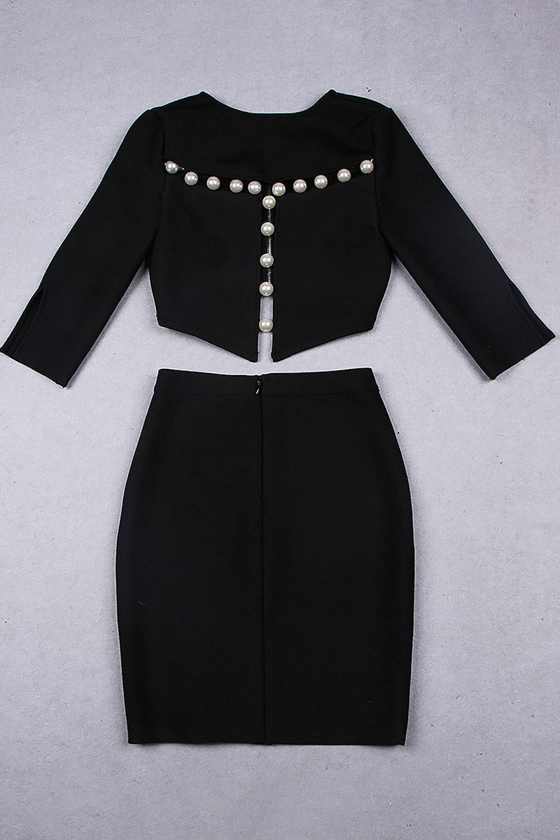 Black Two-piece Set O-neck Beaded Hollow Short Top And High Waist Skirt